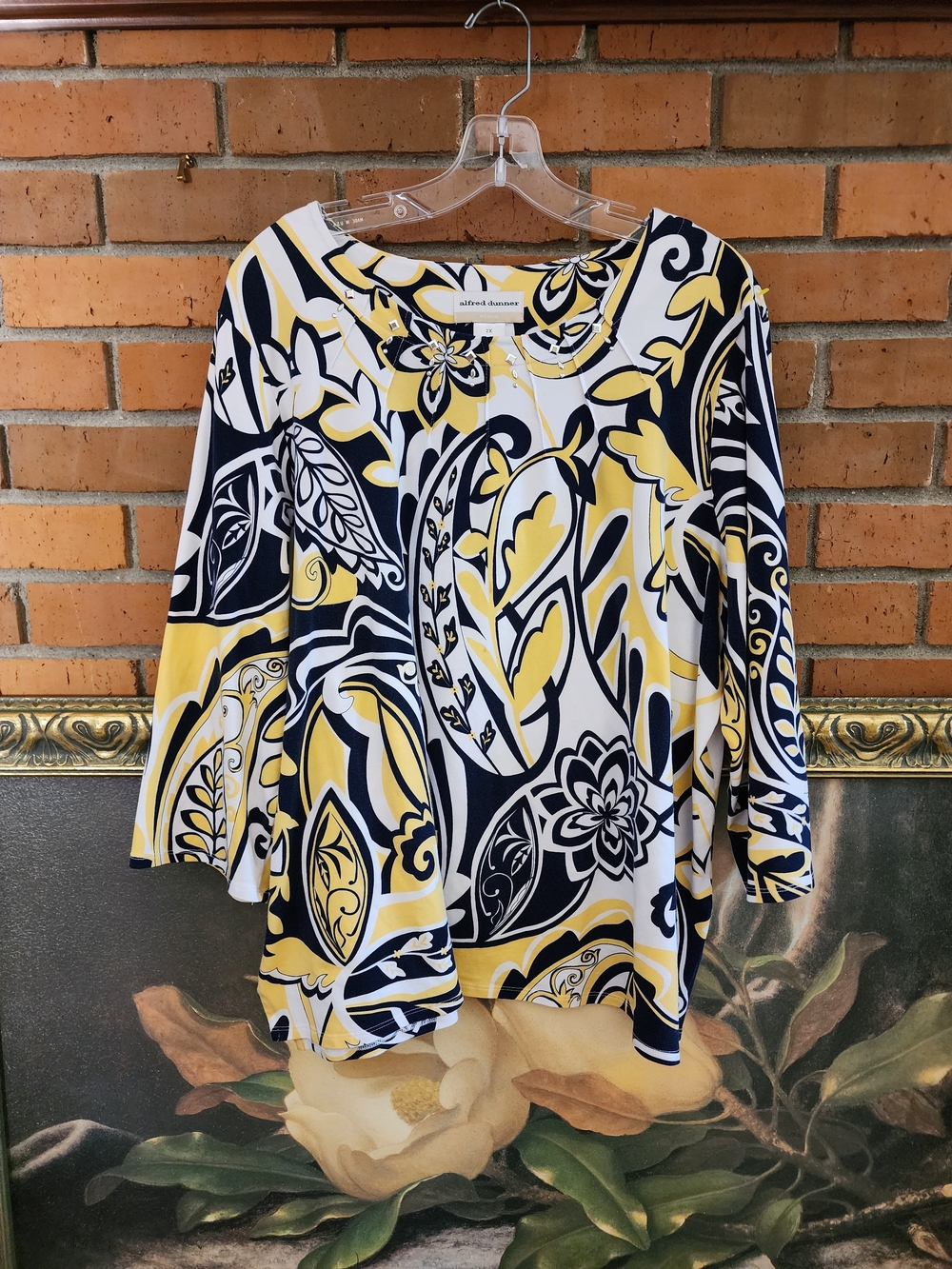 Alfred Dunner Navy White and Yellow Floral-Print Scoop Neck Long Sleeve Top 2x